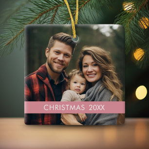 Moderne kerst - Fotojaar en Roos Gold Stripe Keramisch Ornament