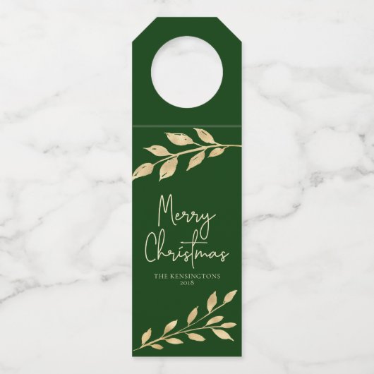 Moderne kerst gouden bladeren op bos groen flessenhanger (Voorkant)
