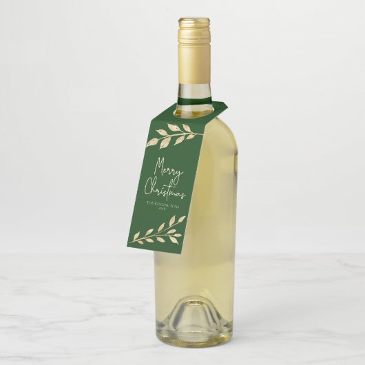 Moderne kerst gouden bladeren op bos groen flessenhanger (Schuin)