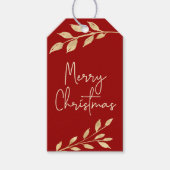 Moderne kerst gouden bladeren op rood cadeaulabel (Voorkant)
