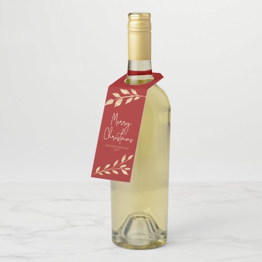 Moderne kerst gouden bladeren op vakantie rood flessenhanger (Schuin)