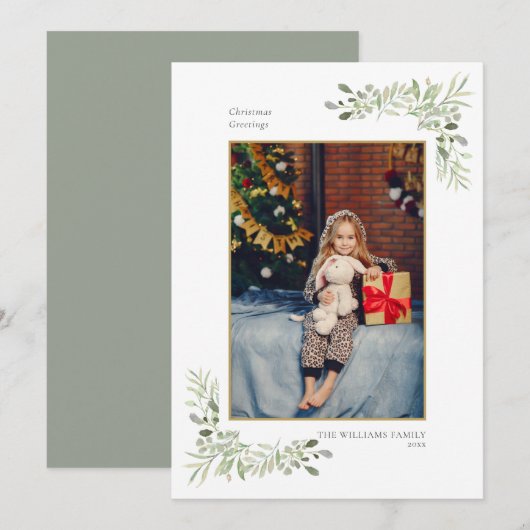 Moderne Kerst Gouden Geometrische Groene Foto Feestdagenkaart (Voorkant / Achterkant)