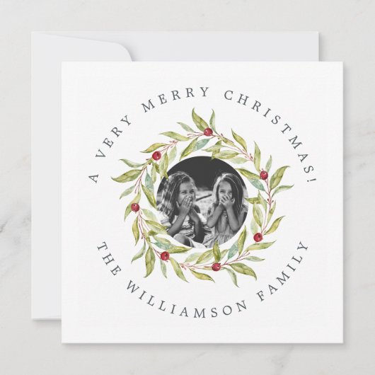 Moderne Kerst Greenery Krans bessen Foto Feestdagenkaart (Voorkant)