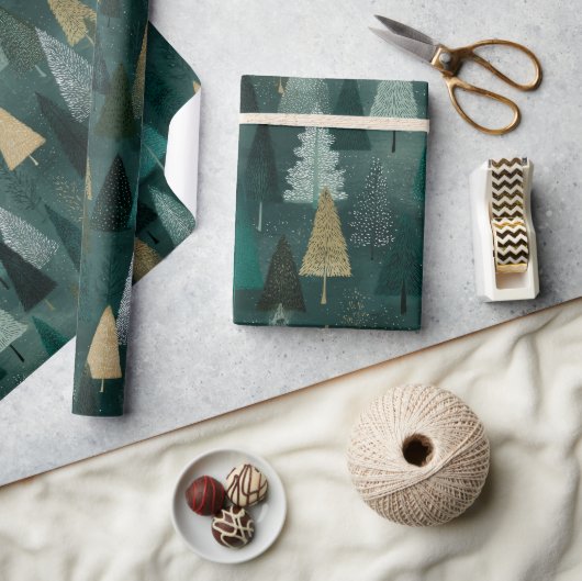 Moderne Kerst Groen & Goud Bomen Inpakpapier (Crafts)