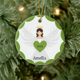 Moderne Kerst Groene Engel Hart Aangepaste Naam Keramisch Ornament