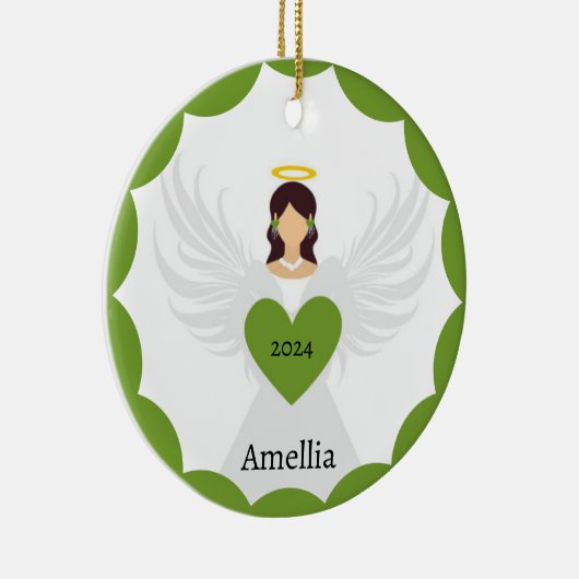 Moderne Kerst Groene Engel Hart Aangepaste Naam Keramisch Ornament (Rechts)