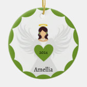 Moderne Kerst Groene Engel Hart Aangepaste Naam Keramisch Ornament (Voorkant)