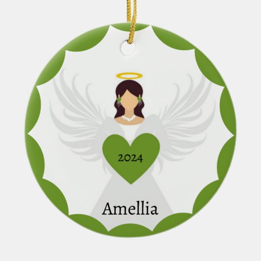 Moderne Kerst Groene Engel Hart Aangepaste Naam Keramisch Ornament (Voorkant)