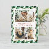 Moderne Kerst Groene Gingham Patroon 3 Foto Feestdagenkaart (Staand voorkant)