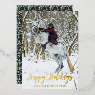Moderne Kerst Groet Script Equestrian Foto Folie Feestdagenkaart