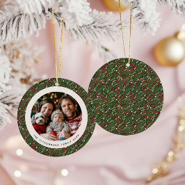 Moderne Kerst Holly Loof Familie Foto Keramisch Ornament