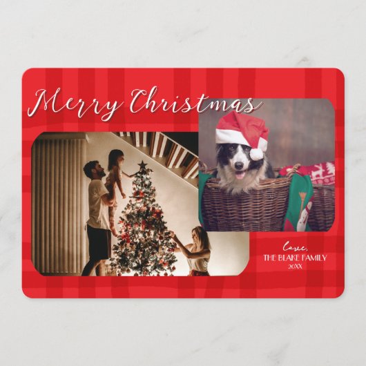 Moderne kerst Kaart | Rode geplakte dubbele foto (Voorkant)