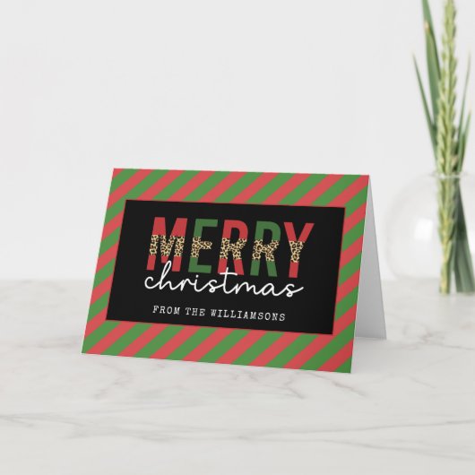 Moderne Kerst Luipaardprint Rood Groen Strepen Kaart (Voorkant)