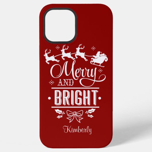 Moderne Kerst MERRY And BRIGHT Script Monogram iPhone Hoesje (Achterkant)