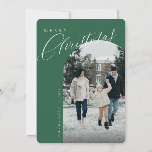 Moderne kerst met groene kerst met foto-ingang feestdagenkaart (Voorkant)