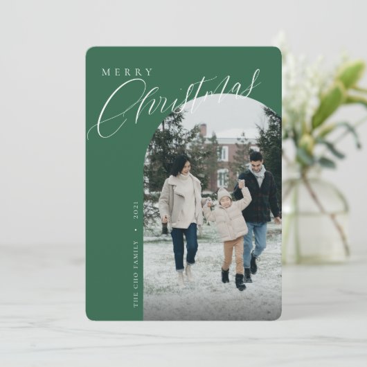 Moderne kerst met groene kerst met foto-ingang feestdagenkaart (Staand voorkant)