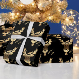 Moderne kerst met zwarte en gouden rendieren cadeaupapier