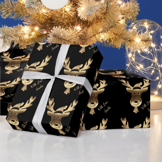Moderne kerst met zwarte en gouden rendieren cadeaupapier (Feestdagen)