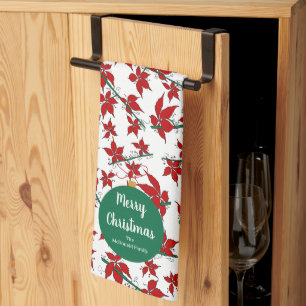 Moderne kerst ornament familie naam rood bloemmoti theedoek