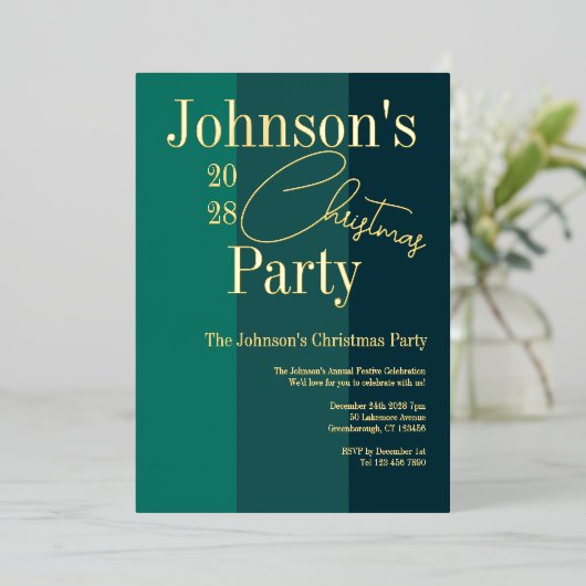 Moderne Kerst Party uitnodiging Groen Echt Goud (Staand Voorkant)
