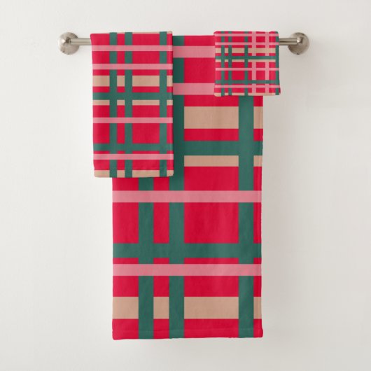 Moderne Kerst Plaid Helder Rood Groene Strepen Bad Handdoek (Insitu)