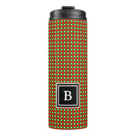 Moderne Kerst Plaid Monogram Initiaal Rood Groen Thermosbeker