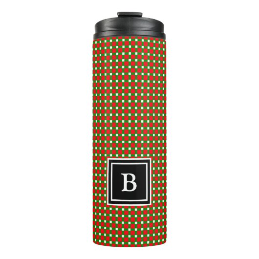 Moderne Kerst Plaid Monogram Initiaal Rood Groen Thermosbeker (Voorkant)