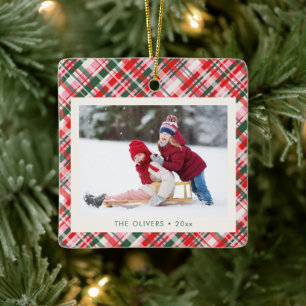 Moderne Kerst Plaid Roze Rood Groen Cute Foto Keramisch Ornament
