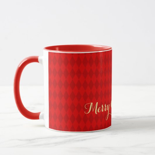 Moderne Kerst Red Harlequin Faux Gold Script Mok (Links)