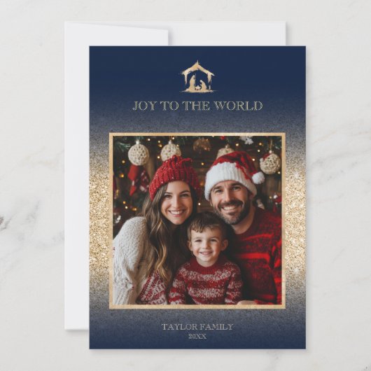 Moderne Kerst Religieuze Geboorte Familiefoto Feestdagenkaart (Voorkant)