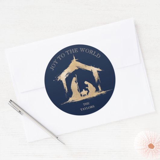 Moderne Kerst Religieuze Geboorte Mary & Joseph Ronde Sticker (Envelop)