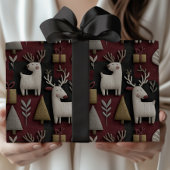 Moderne Kerst Rendier Rood en Goud Patroon Cadeaupapier