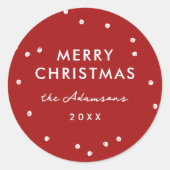 Moderne Kerst Rode & Witte Stippen Vrolijk Kerstfe Ronde Sticker (Voorkant)