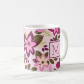 Moderne Kerst Roze Bloemen Monogram Vakantie Koffiemok (Voorkant rechts)
