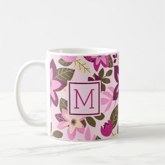 Moderne Kerst Roze Bloemen Monogram Vakantie Koffiemok (Links)