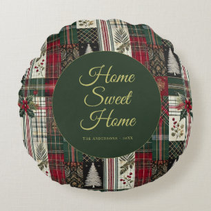 Moderne Kerst Rustiek Tartan Plaid Rond Kussen