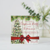 Moderne Kerst Rustieke Boom, Lichten & Rood Lint Kaart (Staand voorkant)