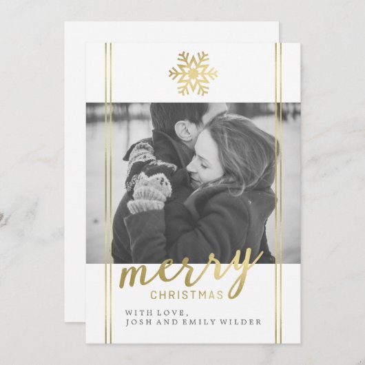 Moderne kerst sneeuwvlok | Wit en goud Feestdagenkaart (Voorkant / Achterkant)