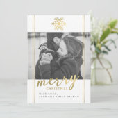 Moderne kerst sneeuwvlok | Wit en goud Feestdagenkaart (Staand voorkant)