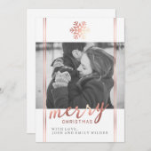 Moderne kerst sneeuwvlok | Wit en Roos goud Feestdagenkaart (Voorkant / Achterkant)