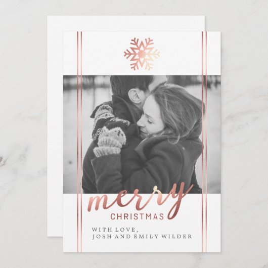 Moderne kerst sneeuwvlok | Wit en Roos goud Feestdagenkaart (Voorkant / Achterkant)