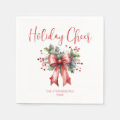 Moderne kerst vakantie Cheer Script Red Bow Naam Servet (Voorkant)