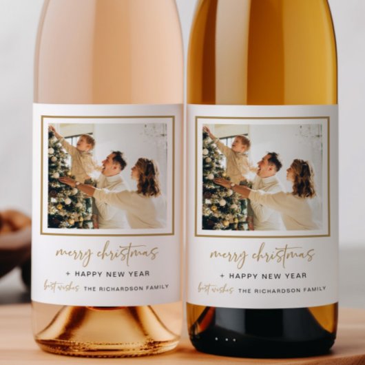 Moderne Kerst Wijnfles Label Foto Gift Goud Wijn Etiket