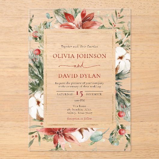 Moderne Kerst Winter Rood Goud Greenery Wedding Acryl Uitnodigingen (Voorkant)