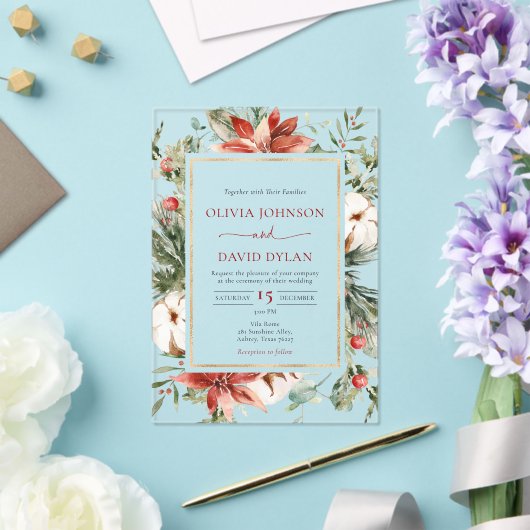 Moderne Kerst Winter Rood Goud Greenery Wedding Acryl Uitnodigingen (Insitu (Huwelijk))