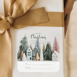 Moderne kerst winter sneeuw dorp naar van vierkante sticker