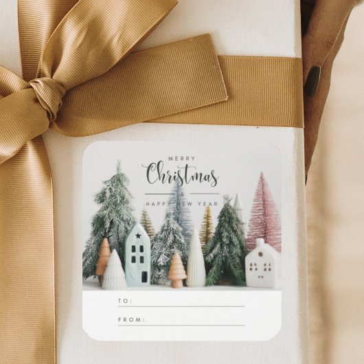 Moderne kerst winter sneeuw dorp naar van vierkante sticker