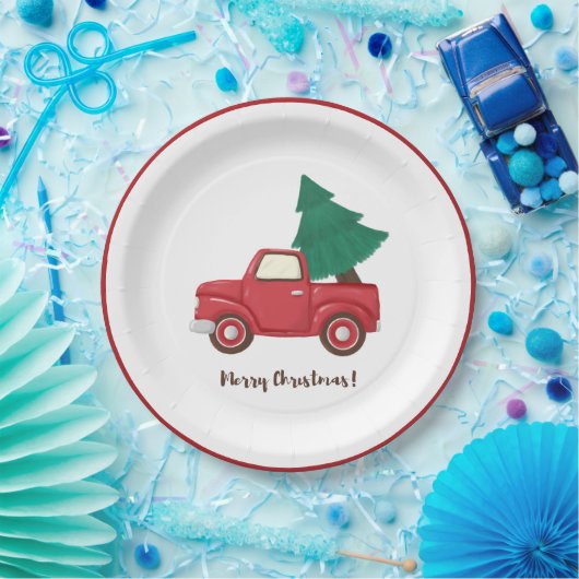 Moderne kerstauto met kerstboom Cla Papieren Bordje (Feest)