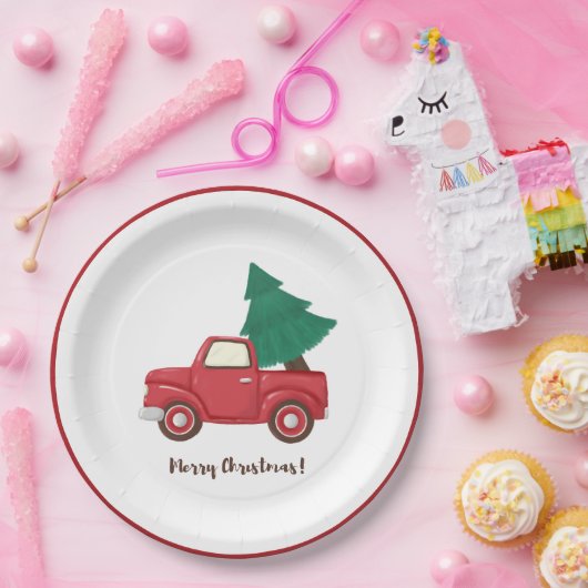 Moderne kerstauto met kerstboom Cla Papieren Bordje (Feest)