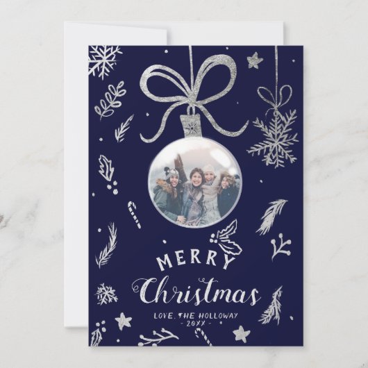 Moderne kerstbal foto zilveren illustratie feestdagenkaart (Voorkant)